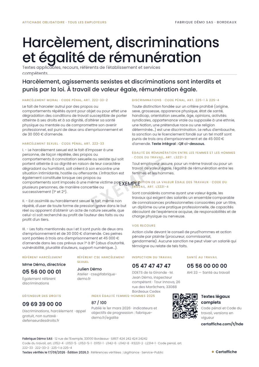 Affiche « Harcèlement, discriminations et égalité de rémunération » générée pour Fabrique Démo SAS
