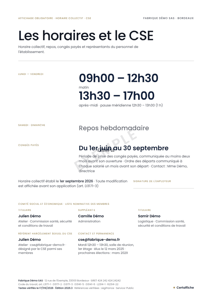 Affiche « Les horaires et le CSE » générée pour Fabrique Démo SAS