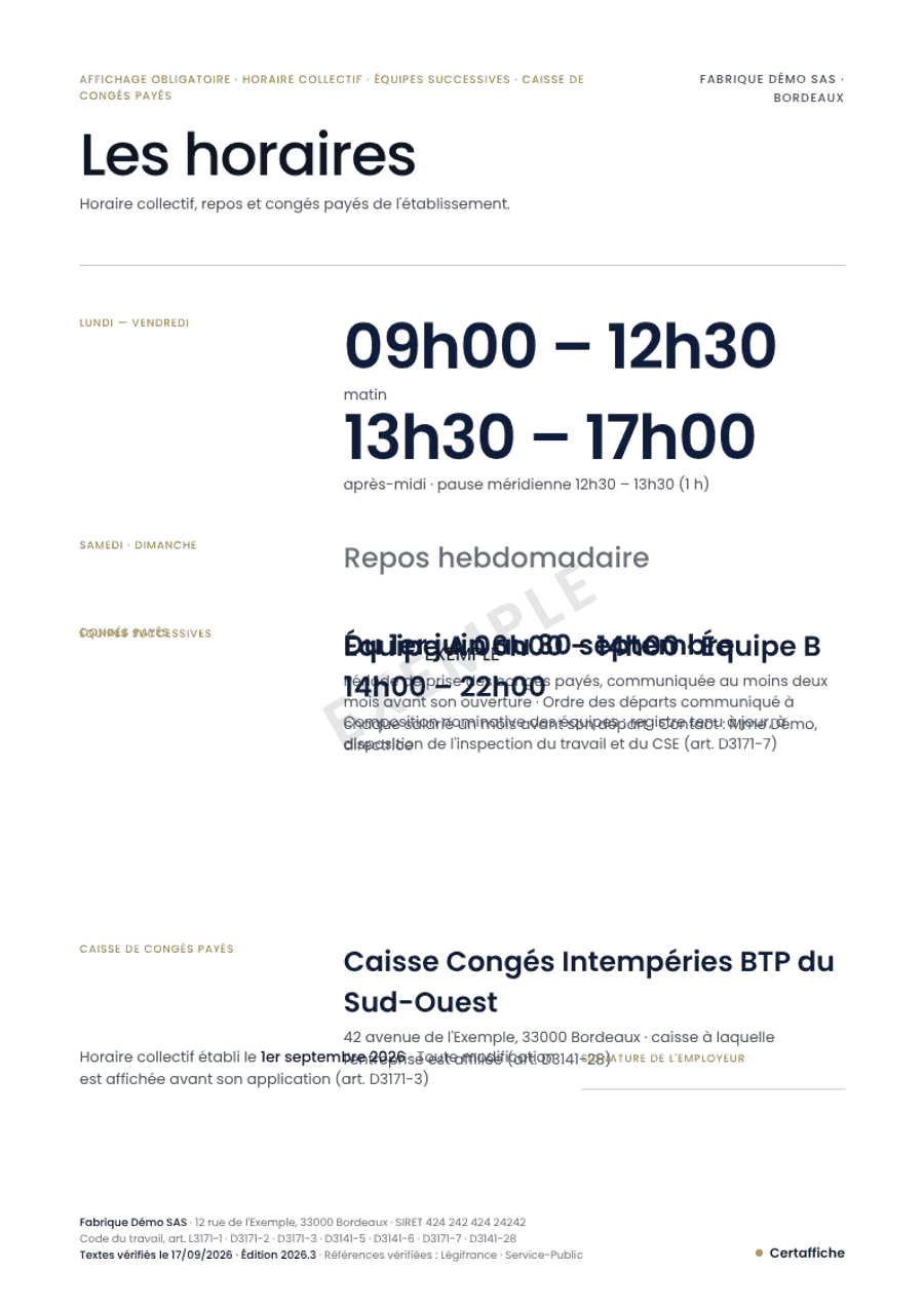 Affiche « Les horaires » générée pour Fabrique Démo SAS