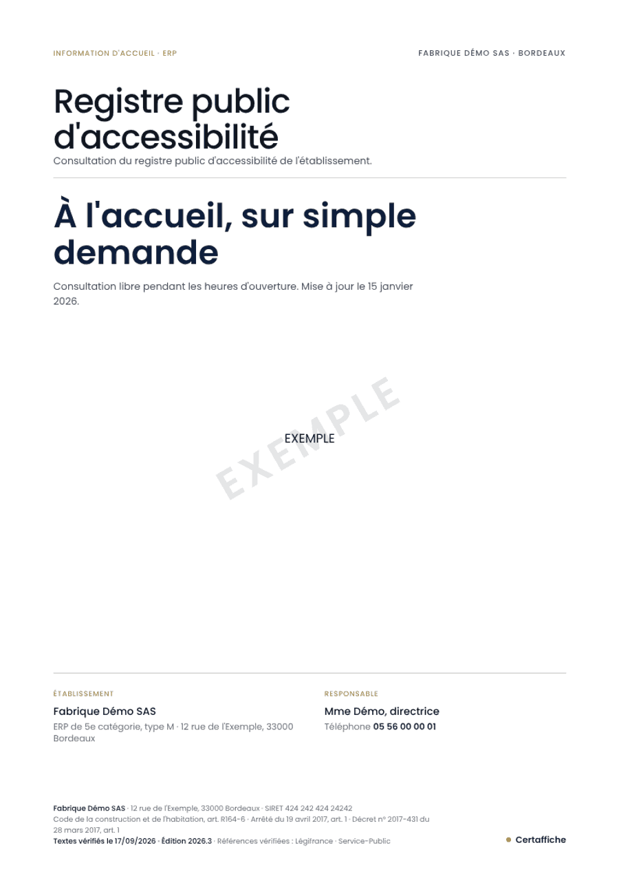 Affiche « Registre public d'accessibilité — repère d'accueil » générée pour Fabrique Démo SAS