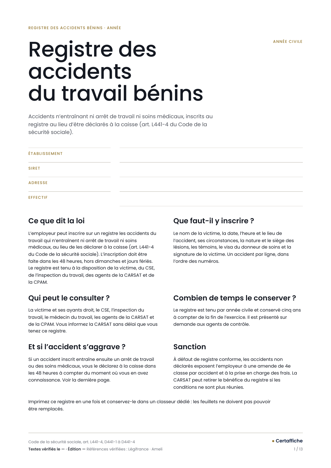 Registre des accidents du travail bénins, page 1 : page de garde du registre