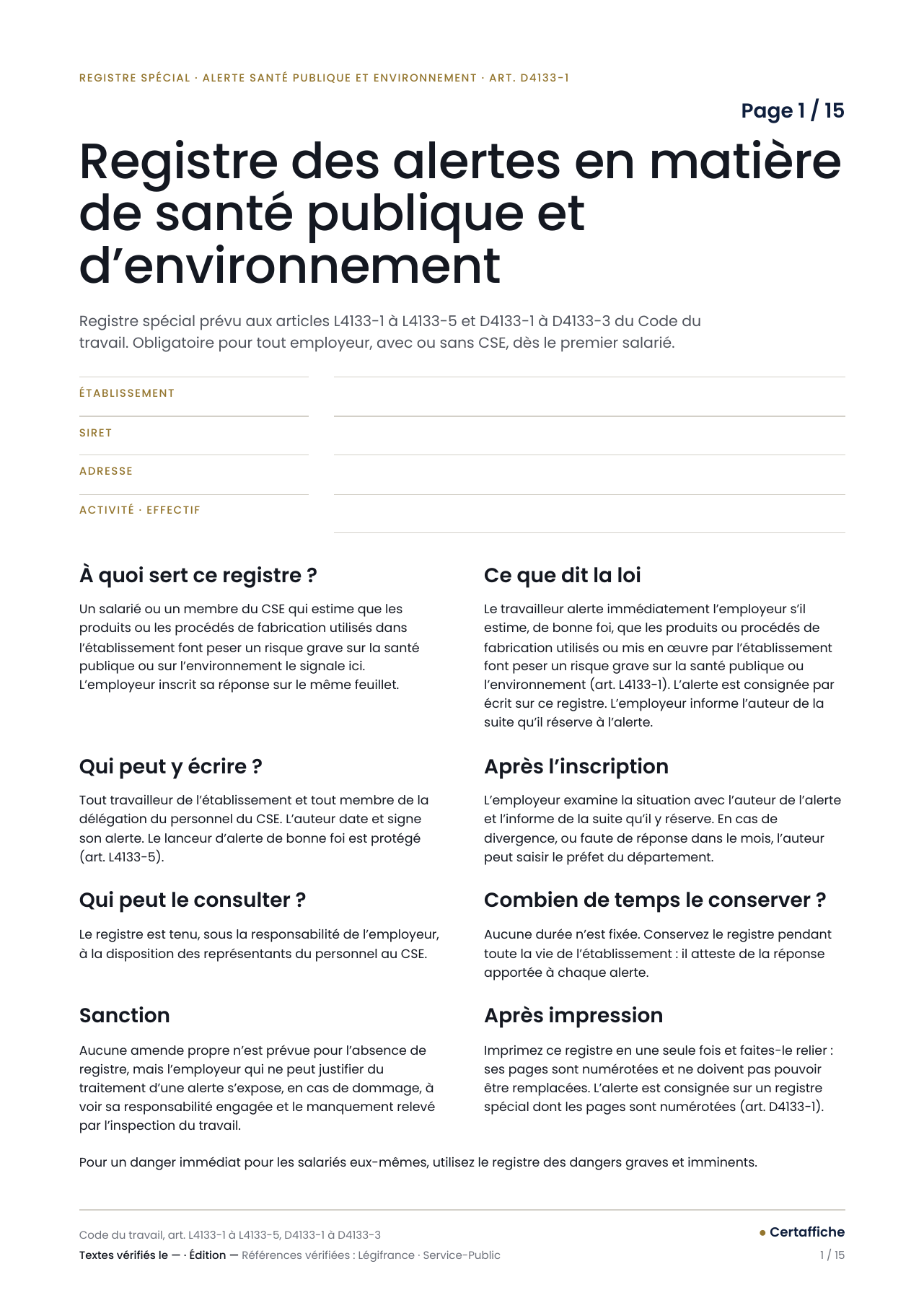 Registre des alertes santé publique et environnement, page 1 : page de garde du registre