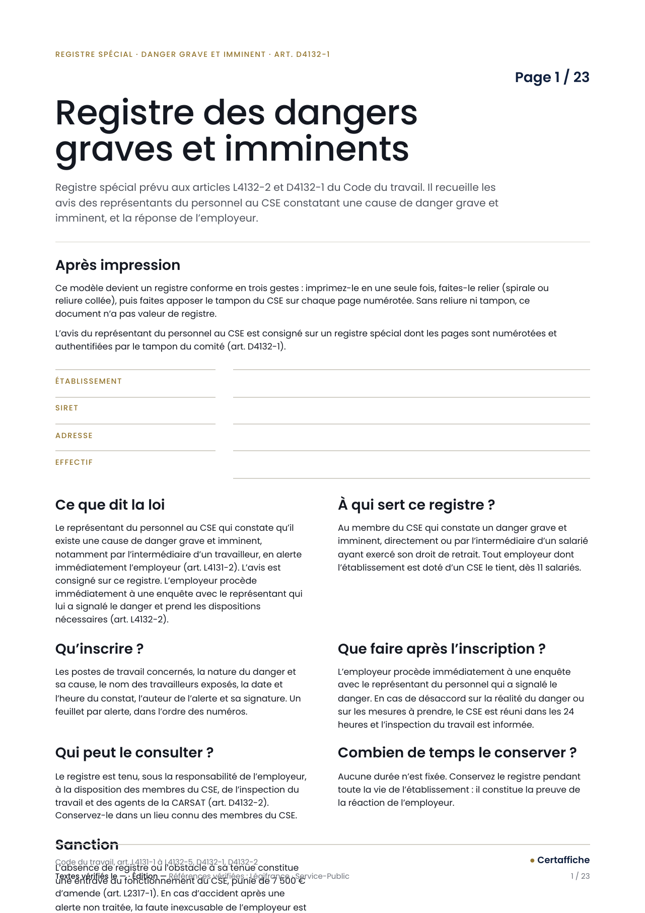 Registre des dangers graves et imminents, page 1 : page de garde du registre
