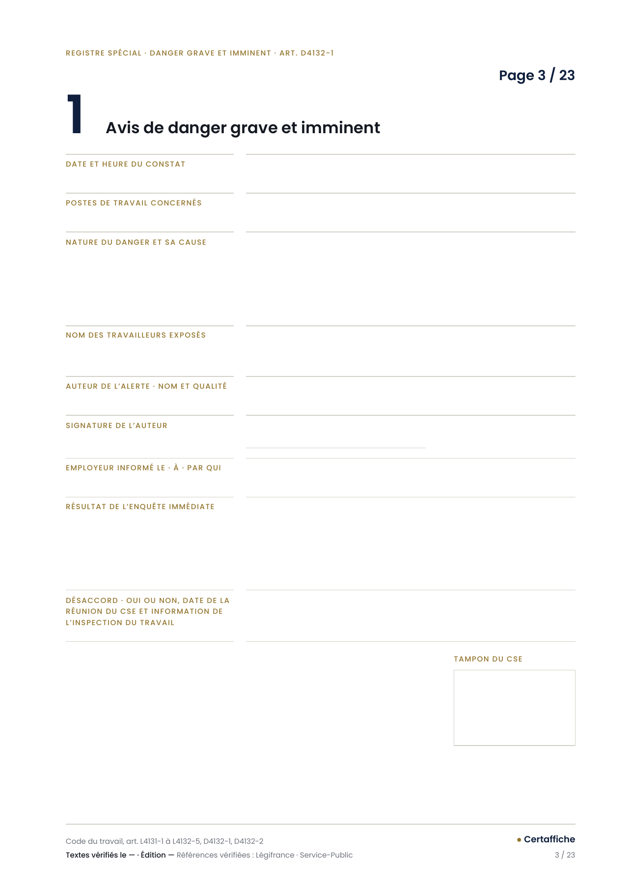 Registre des dangers graves et imminents, page 3 : premier feuillet d'alerte numéroté, colonnes alerte du CSE et réponse de l'employeur
