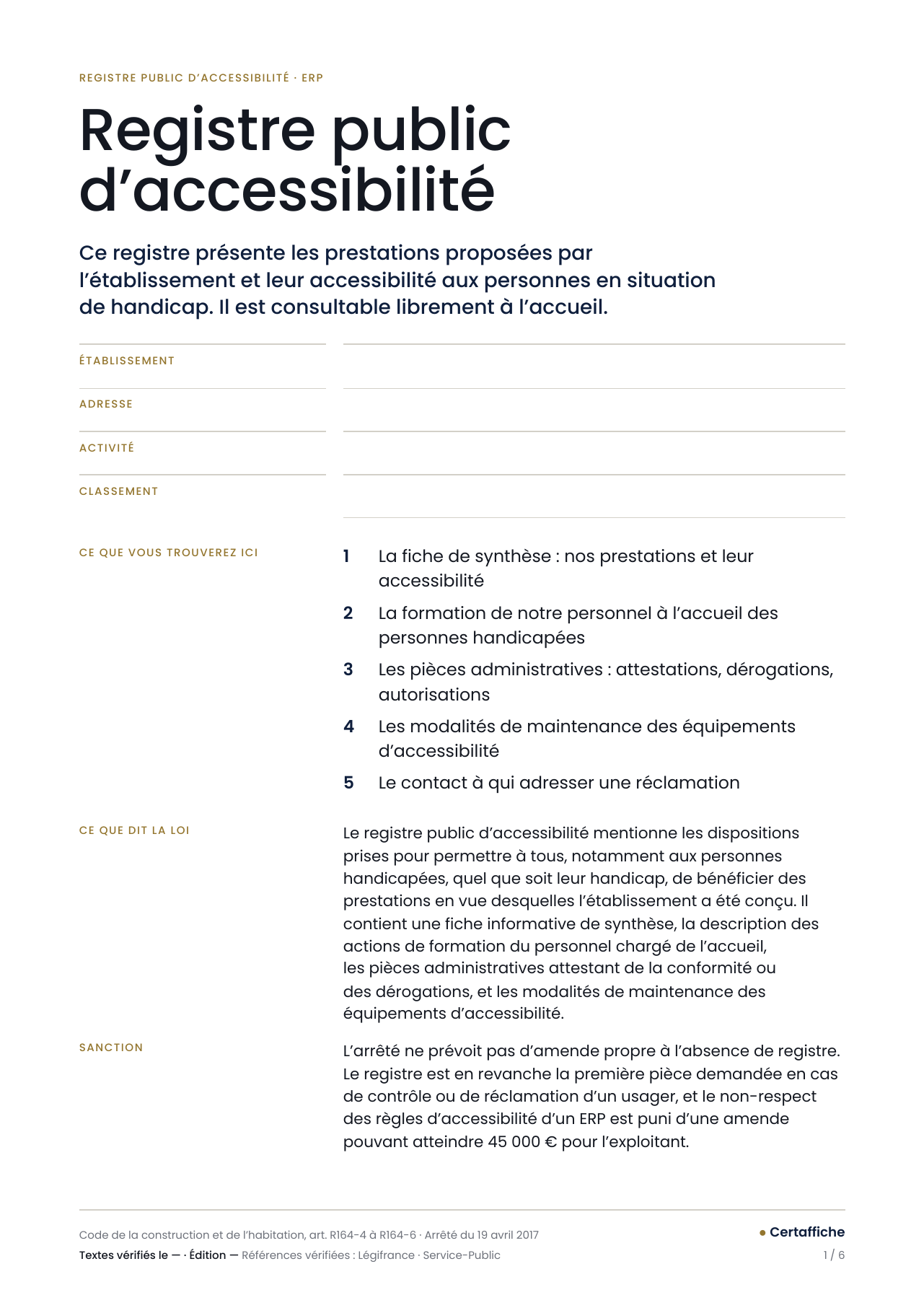 Registre public d'accessibilité, page 1 : page de garde du registre