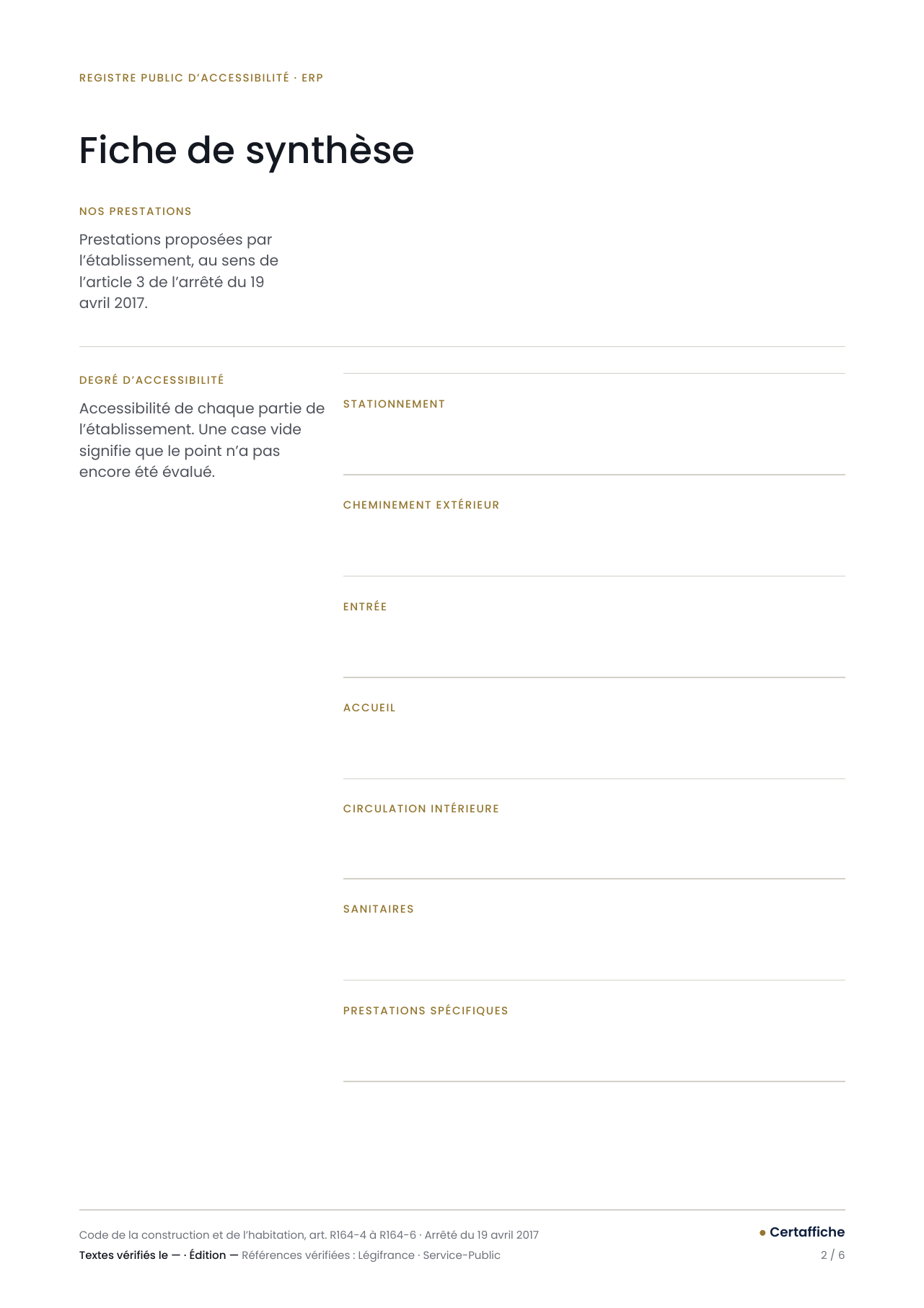 Registre public d'accessibilité, page 2 : fiche de synthèse, prestations proposées et leur niveau d'accessibilité