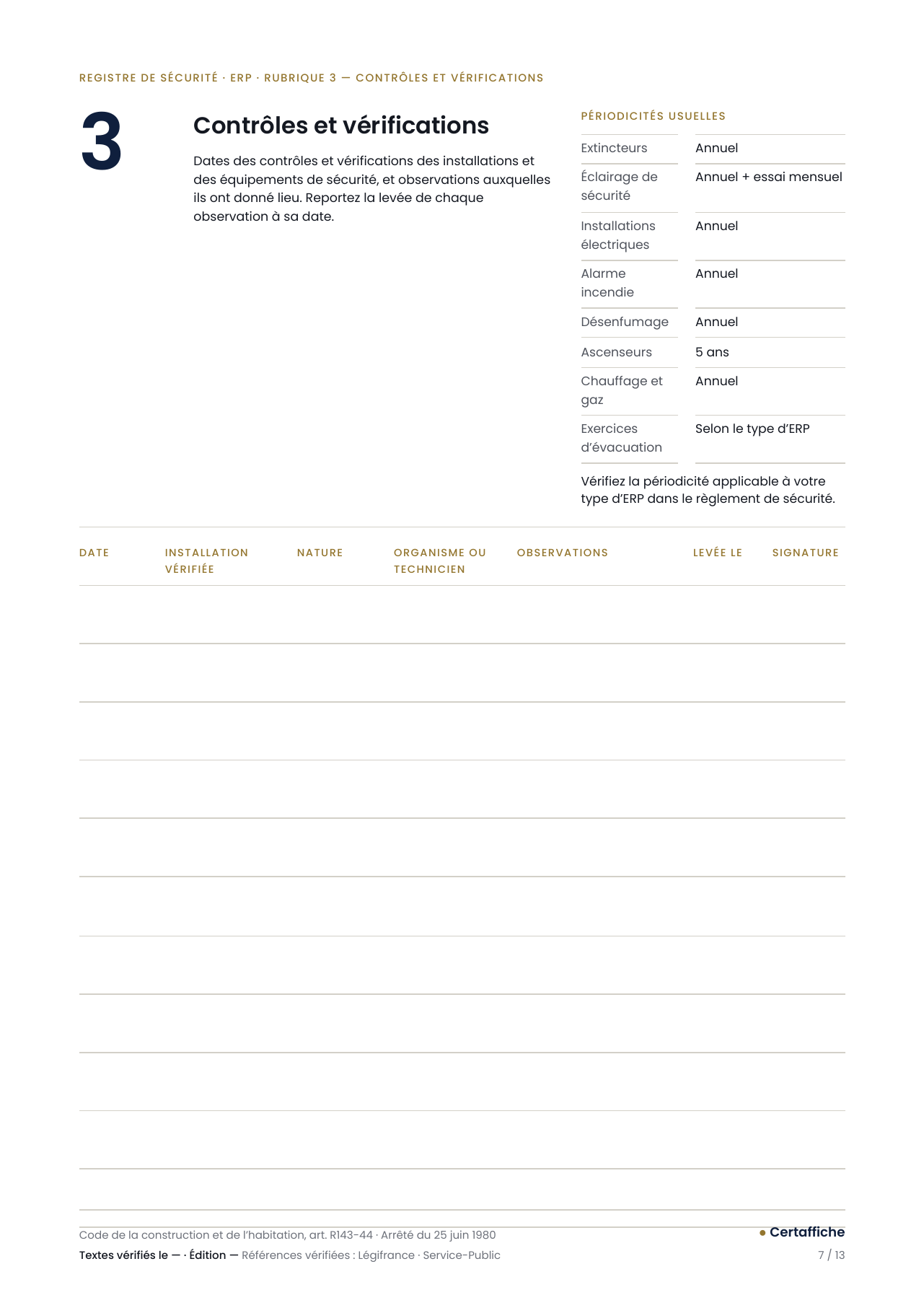 Registre de sécurité ERP, page 7 : ouverture de la rubrique 3, contrôles et vérifications techniques, colonnes date, installation, organisme, observations