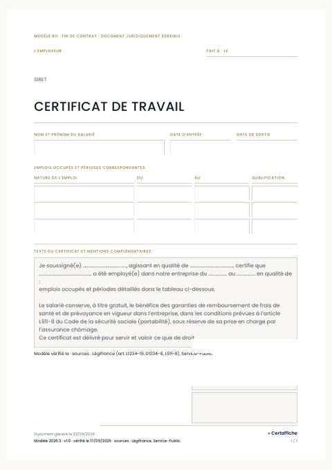 Aperçu de la première page du modèle Certificat de travail