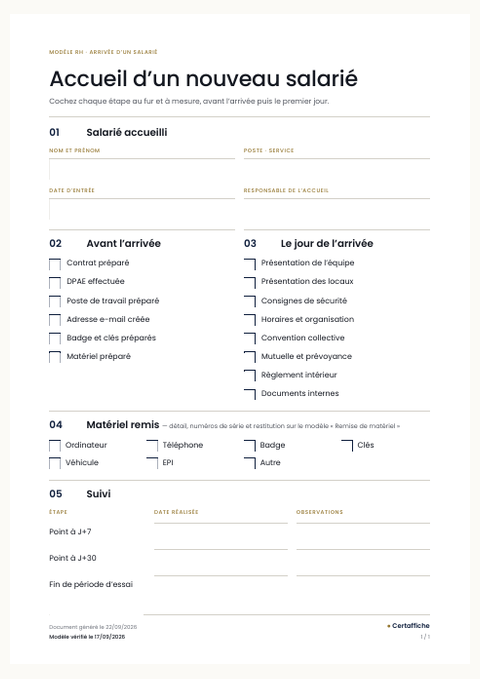 Aperçu de la première page du modèle Checklist d'accueil d'un nouveau salarié