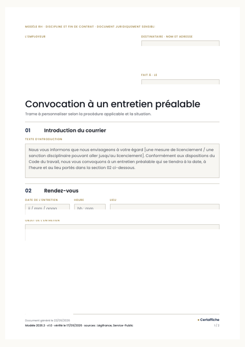 Aperçu de la première page du modèle Convocation à un entretien préalable