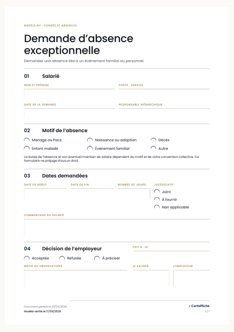 Aperçu de la première page du modèle Demande d'absence exceptionnelle