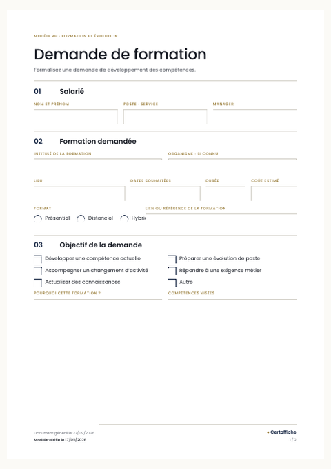 Aperçu de la première page du modèle Demande de formation