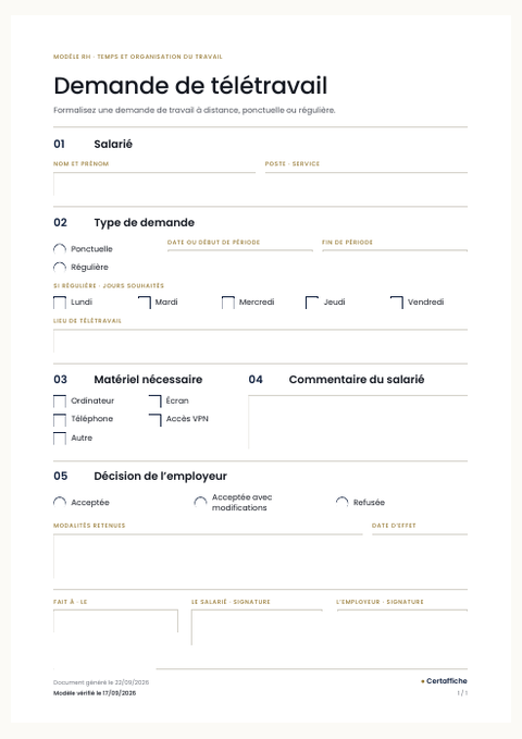 Aperçu de la première page du modèle Demande de télétravail
