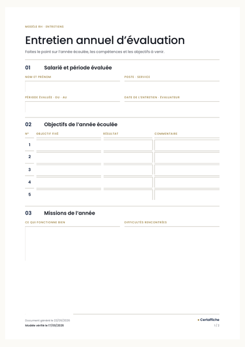 Aperçu de la première page du modèle Entretien annuel d'évaluation