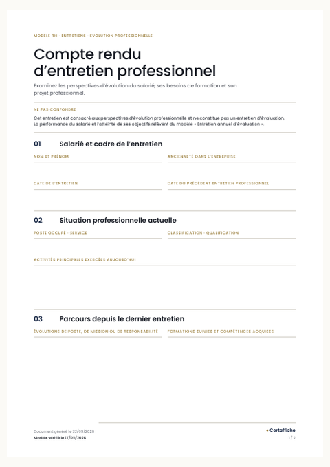 Aperçu de la première page du modèle Compte rendu d'entretien professionnel
