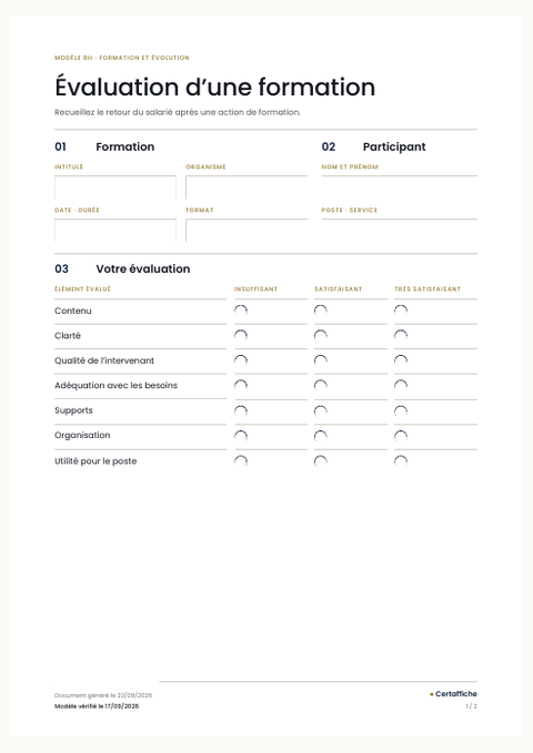 Aperçu de la première page du modèle Évaluation d'une formation