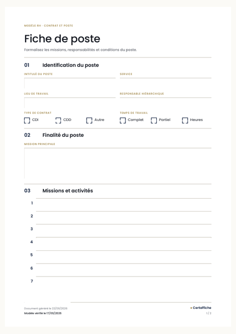 Aperçu de la première page du modèle Fiche de poste