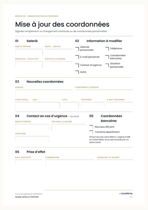 Aperçu de la première page du modèle Mise à jour des coordonnées