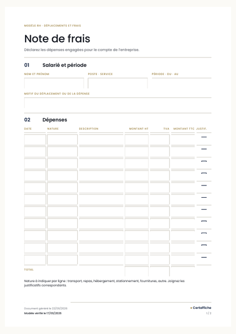 Aperçu de la première page du modèle Note de frais