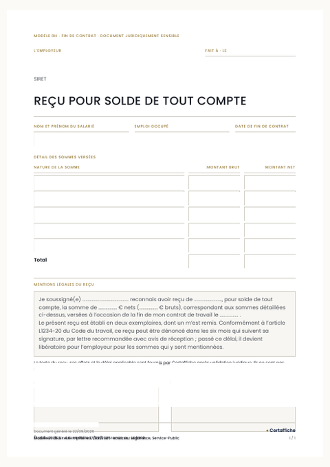 Aperçu de la première page du modèle Reçu pour solde de tout compte
