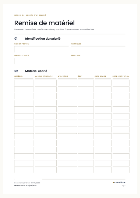 Aperçu de la première page du modèle Remise de matériel
