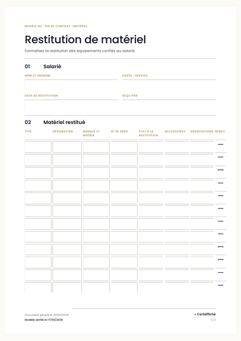 Aperçu de la première page du modèle Restitution de matériel