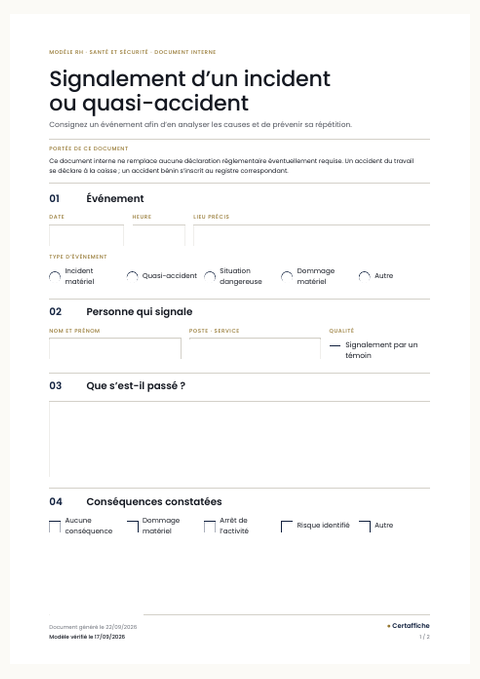 Aperçu de la première page du modèle Signalement d'un incident ou quasi-accident
